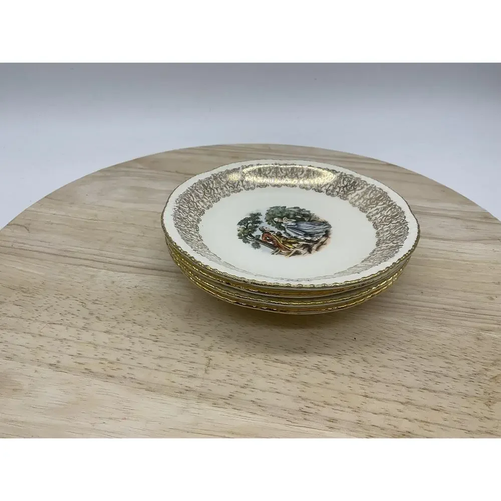 Homer‎ Laughlin Dessert Bowls Set 4 White Gold Courting Couple USA Scene Vintage